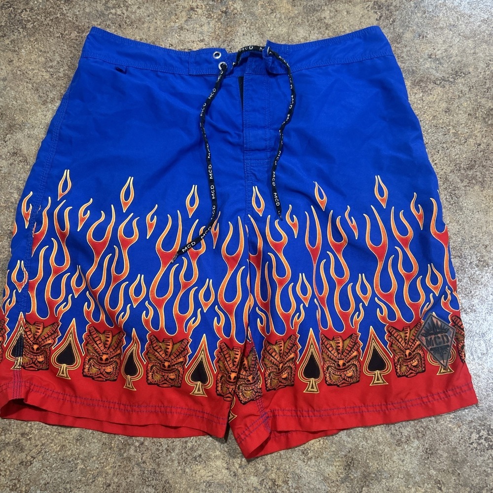 Vintage Y2K MCD Boardshorts Size 34 Flames Surf Beach Swim Trunks